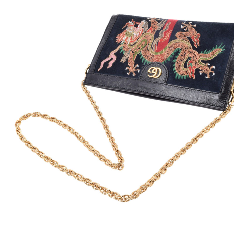 503877 Gucci embroidery bag dragon embroidery dark blue gold metal