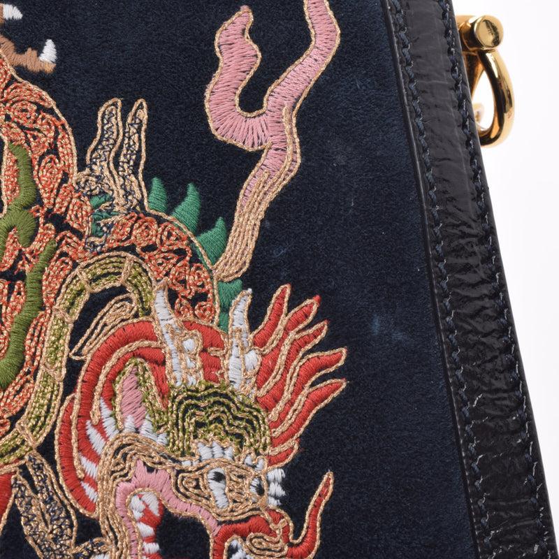 503877 Gucci embroidery bag dragon embroidery dark blue gold metal