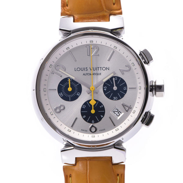 LOUIS VUITTON Louis Vuitton Tambour Chrono Q112E Men's SS/Leather Watch Automatic Winding Silver Dial A Rank Used Ginzo