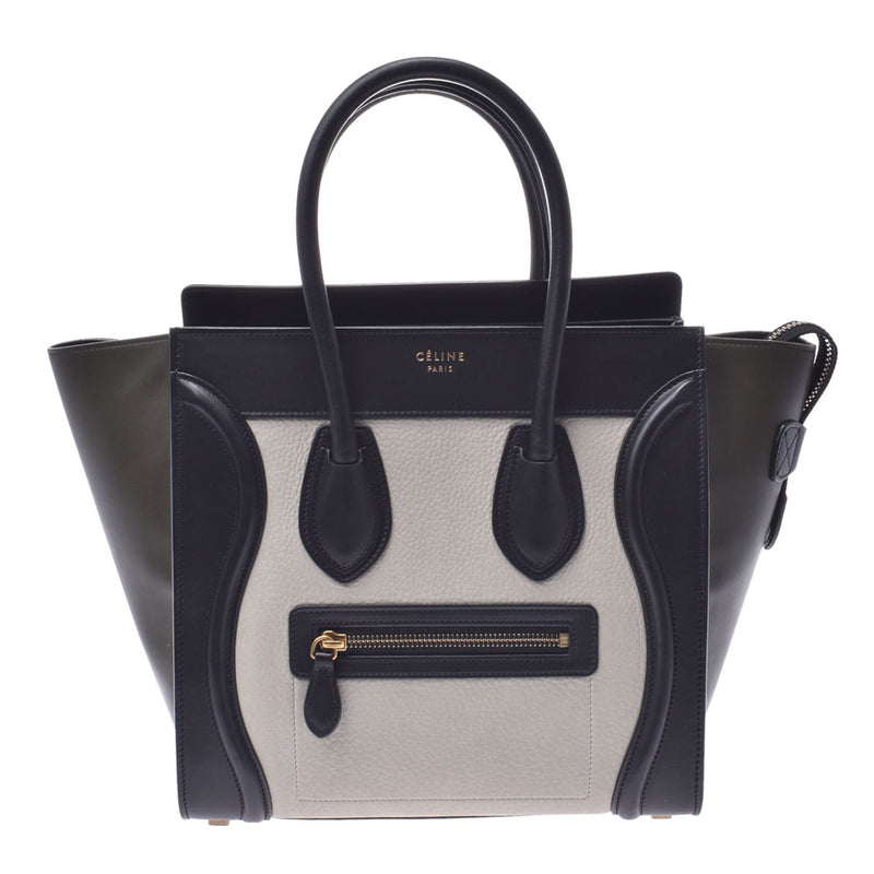 CELINE CELINE CELINE Lagage Micro Shopper Tricolor, Black × Kirk × Gray Women, Leather Handbag B Rank, used silverware