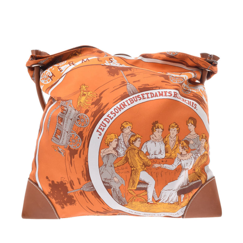 HERMES Silky City PM Orange/Brown □L Engraved (around 2008) Unisex Silk/Valenia Shoulder Bag B Rank Used Ginzo