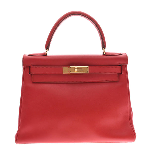 HERMES Kelly Mu 28 Rouge Biff□A刻花（大约1997年）女士Vogar River手提包B等级二手Ginzo