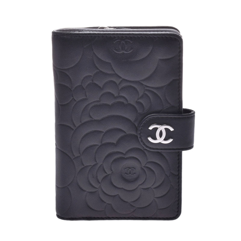 CHANEL Chanel camellia compact zip wallet black silver metal fittings Lady's lambskin long wallet AB rank used silver storehouse
