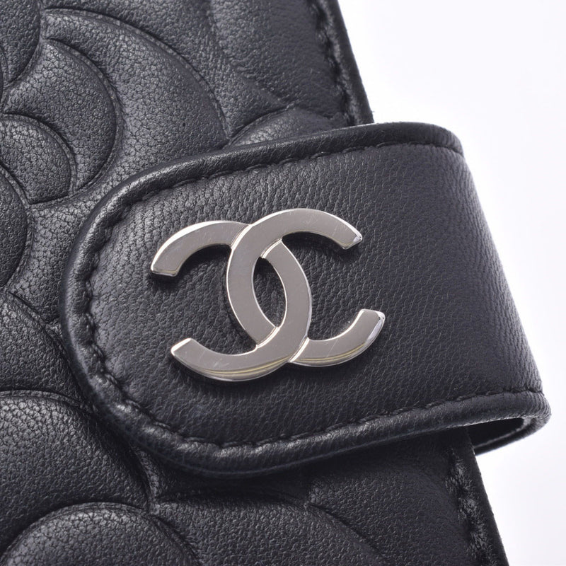 CHANEL Chanel camellia compact zip wallet black silver metal fittings Lady's lambskin long wallet AB rank used silver storehouse