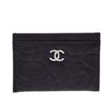 CHANEL Camellia Black Silver Hardware Ladies Lambskin Card Case Shindo Used Ginzo