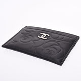 CHANEL Camellia Black Silver Hardware Ladies Lambskin Card Case Shindo Used Ginzo