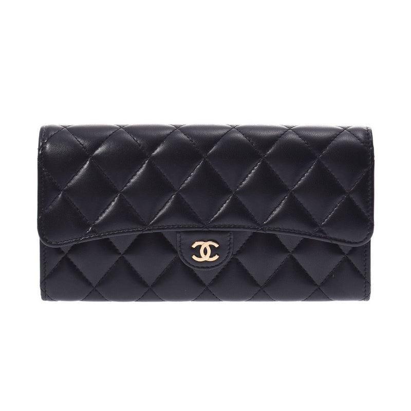 CHANEL Chanel matelasse black gold metal fittings Lady's lambskin long wallet A rank used silver storehouse