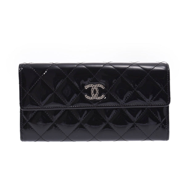 CHANEL シャネル マトラッセ ブリリアント 黒 シルバー金具 レディース エナメル 長財布 Bランク 中古 銀蔵