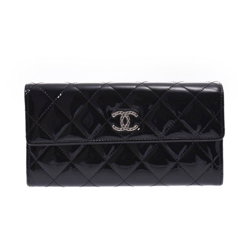 CHANEL Chanel matrasso brilliant black silver metal fittings ladies enamel long wallets B-rank second-hand silver