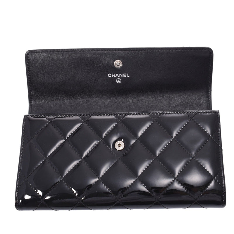 CHANEL Chanel matrasso brilliant black silver metal fittings ladies enamel long wallets B-rank second-hand silver