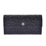 CHANEL Camellia Long Fold Wallet Black Ladies Caviar Skin Long Wallet A Rank Used Ginzo