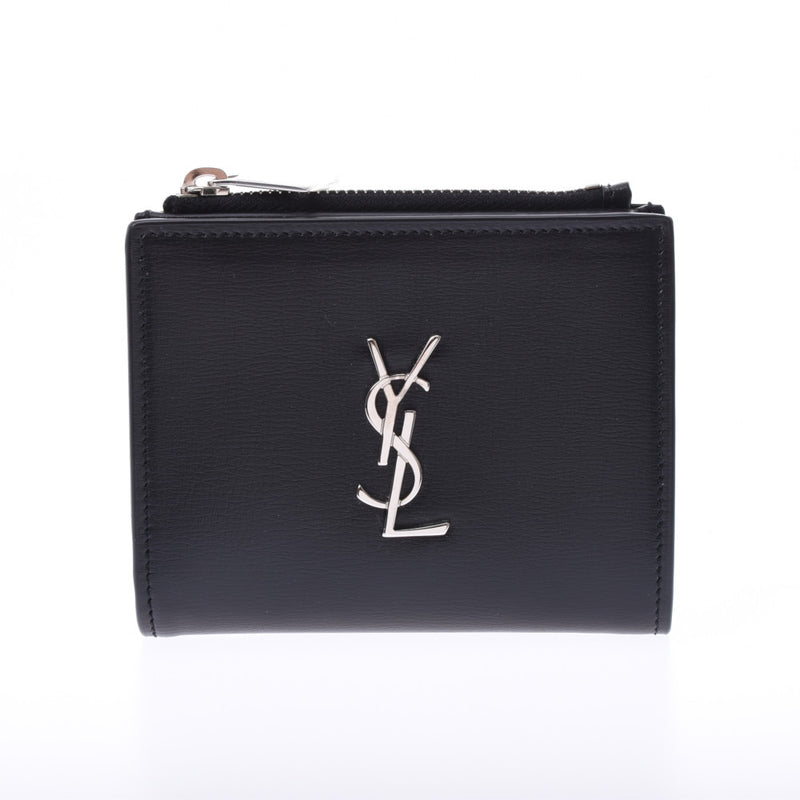 SAINT LAURENT サンローラン コンパクトウォレット 黒 シルバー金具 ユニセックス レザー 二つ折り財布 新同 中古 銀蔵