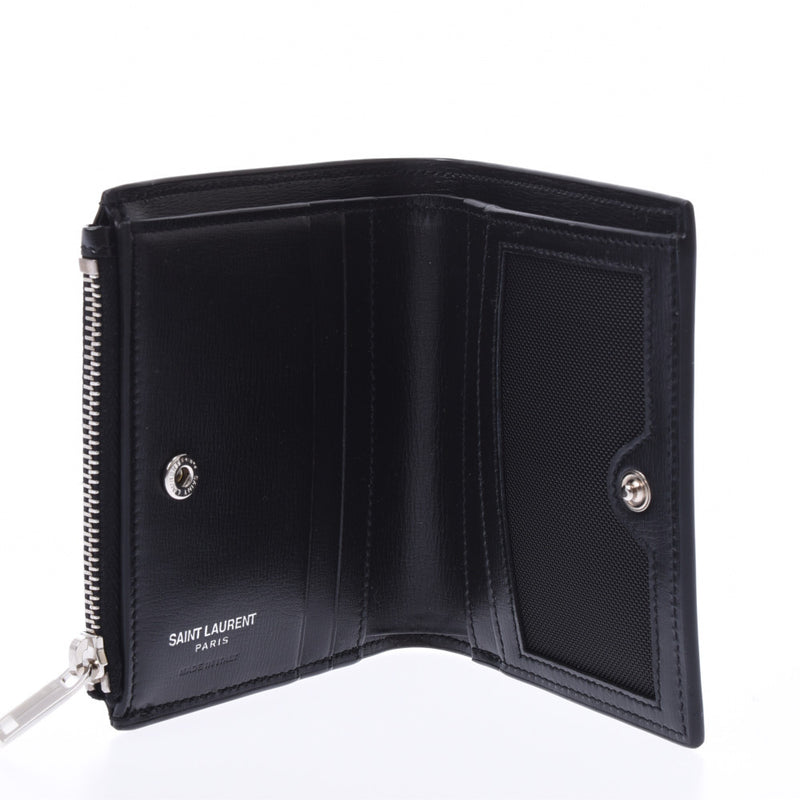 SAINT LAURENT サンローラン コンパクトウォレット 黒 シルバー金具 ユニセックス レザー 二つ折り財布 新同 中古 銀蔵