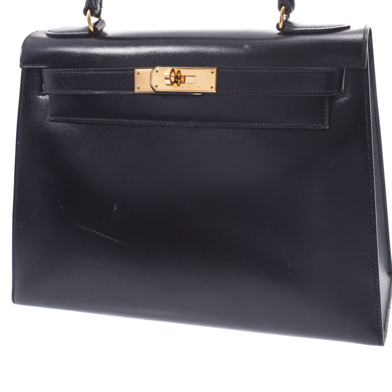 HERMES Hermes Kelly 28 outside sewing black ○ Q carved seal (about 1987) Lady's BOX calf handbag B rank used silver storehouse