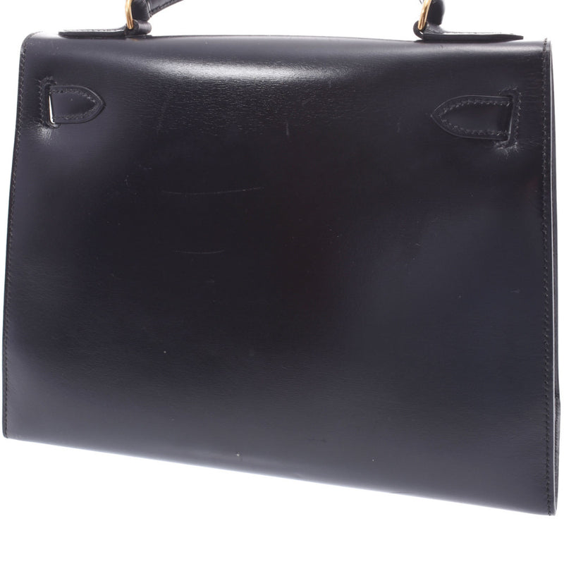 HERMES Hermes Kelly 28 outside sewing black ○ Q carved seal (about 1987) Lady's BOX calf handbag B rank used silver storehouse