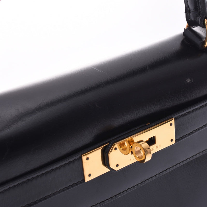 HERMES Hermes Kelly 28 outside sewing black ○ Q carved seal (about 1987) Lady's BOX calf handbag B rank used silver storehouse