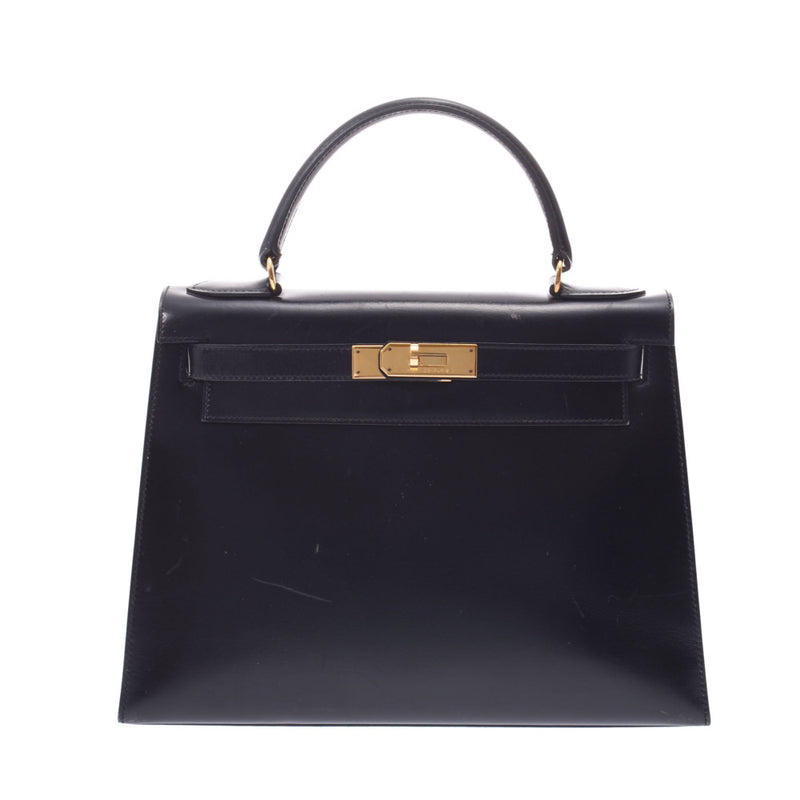 HERMES Hermes Kelly 28 outside sewing black ○ Q carved seal (about 1987) Lady's BOX calf handbag B rank used silver storehouse