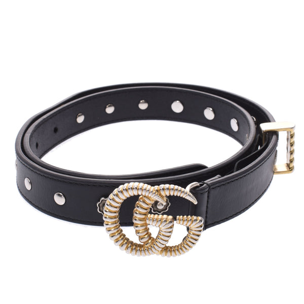 GUCCI Gucci double G buckle studs 80cm black gold metal fittings 487040 men's calf belt AB rank used silver warehouse