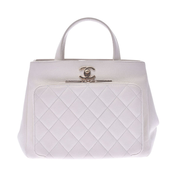 CHANEL Chanel Matrasse Small Shopping Bags, White Gold Gold, Ladies, Caviar Skin 2WAY Bags AB Ranks, Used Silver Bodging