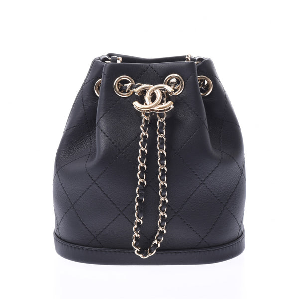 CHANEL Mattrasse drawstring type small bag black gold metal fittings ladies calf shoulder bag A rank used Ginzo