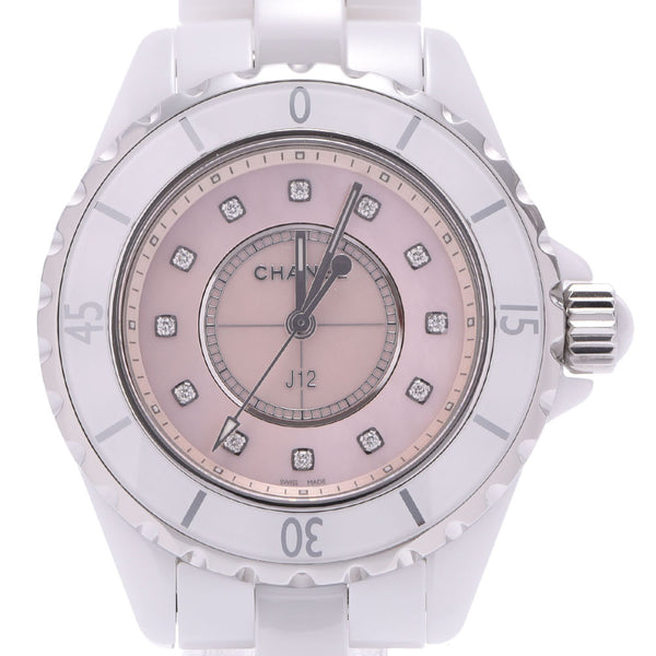 CHANEL Chanel J12 33mm 12P Diamond World limited 1200pcs H5513 ladies white ceramic / diamond watch quartz pink shell Dial A Rank used silver stock