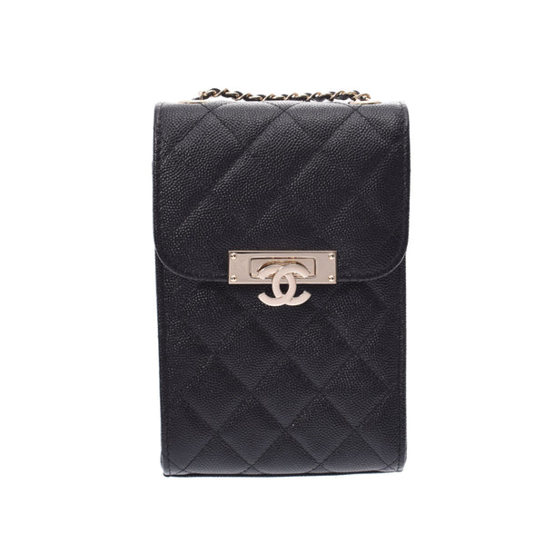 CHANEL Mattelasse Chain Clutch Bag Black Gold Hardware Ladies Caviar Skin Shoulder Bag Shindo Used Ginzo