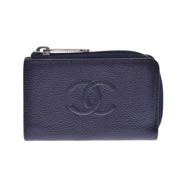CHANEL round fastener coin purse with key ring navy blue silver metal fittings unisex caviar skin coin case B rank used Ginzo