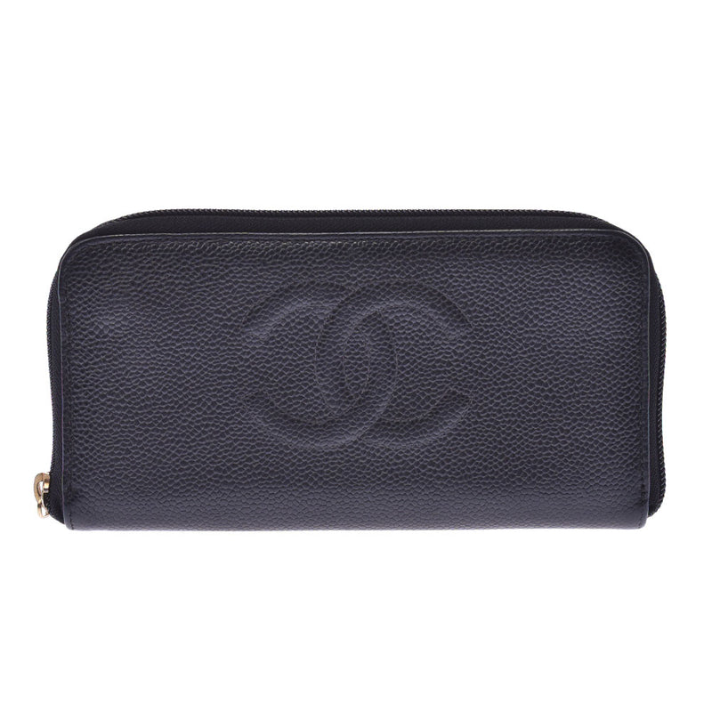 CHANEL Chanel round fastener long wallet black gold metal fittings unisex caviar skin long wallet B rank used silver storehouse