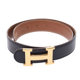 HERMES Hermes H belt size 70cm reversible black / camel gold metal fittings □ A engraved (around 1997) Ladies BOX calf / kushbel belt AB rank used Ginzo