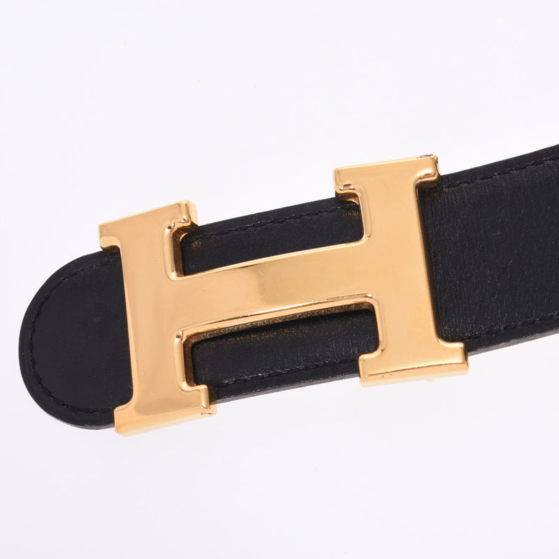 HERMES Hermes H belt size 70cm reversible black / camel gold metal fittings □ A engraved (around 1997) Ladies BOX calf / kushbel belt AB rank used Ginzo