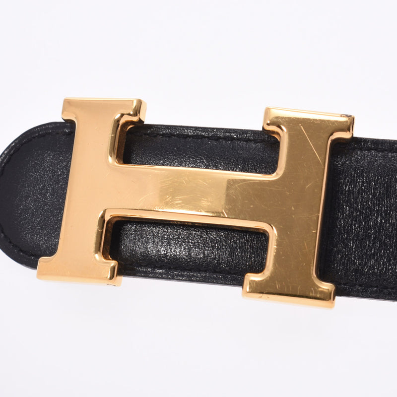 HERMES Hermes H belt size 70cm reversible black / camel gold metal fittings □ A engraved (around 1997) Ladies BOX calf / kushbel belt AB rank used Ginzo