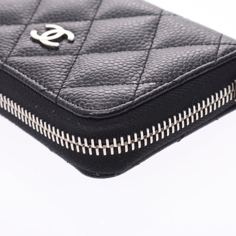 CHANEL Chanel matelasse here mark black silver metal fittings lady's caviar skin coin case A rank used silver storehouse
