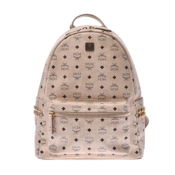 M.C.M Backpack Studs Beige Unisex Leather Rucksack Daypack MCM