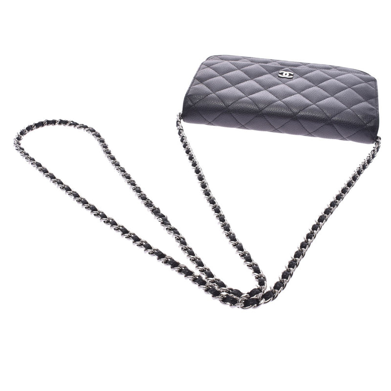 CHANEL Matrasse Black Silver Hardware Ladies Caviar Skin Chain Wallet B Rank Used Ginzo