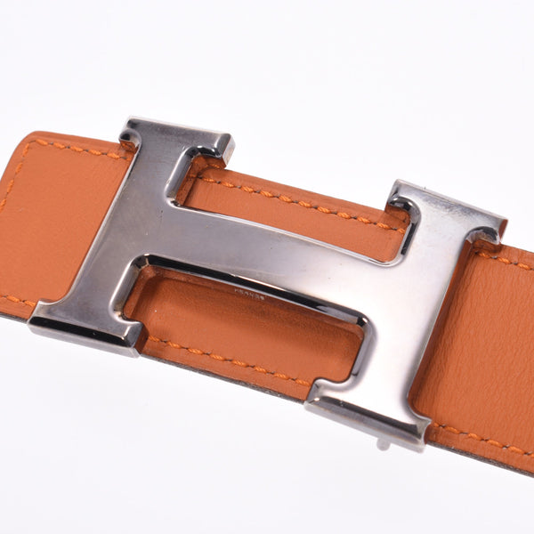 HERMES Hermes H Belt 85cm Reversible Orange/White Silver Metal Fittings □J Engraved (circa 2006) Men's Swift/Epson Belt AB Rank Used Ginzo