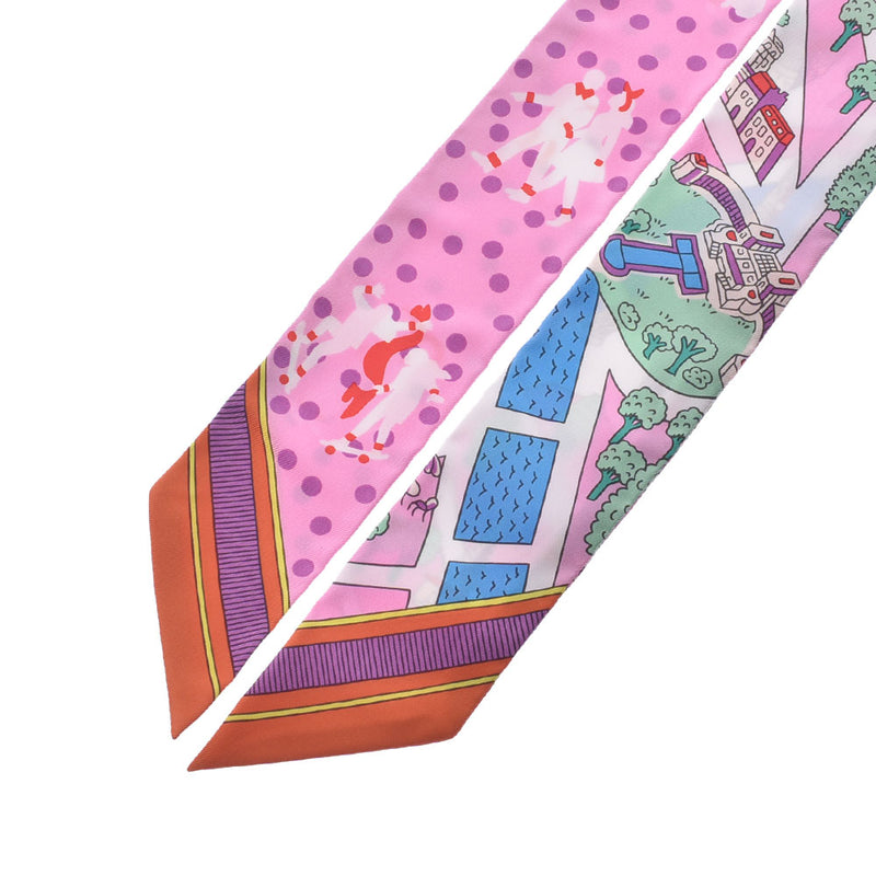 HERMES エルメス ツイリー パリの恋人たち/Les Nouveaux Amoureux de Paris ピンク/紫/白 レディース シルク100% スカーフ 未使用 銀蔵