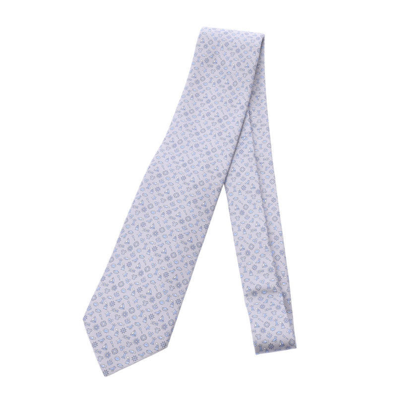 HERMES爱马仕海洋花纹灰色系男士丝绸100%领带未使用银藏