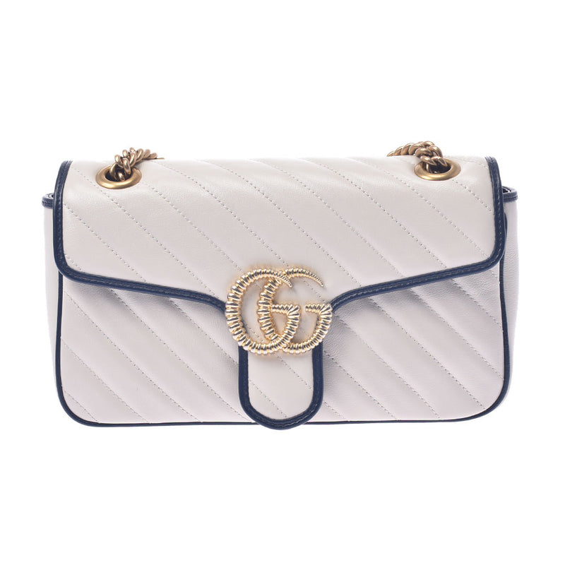 Gucci GG Marmont Small Shoulder White Navy Gold Fittings Ladies