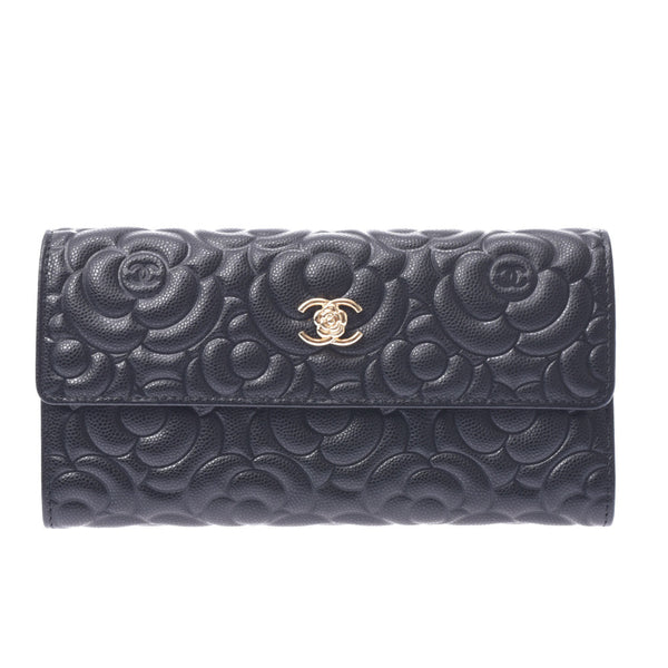 Chanel Chanel Cameria Two-fold wallet Black Women's Caviar Skin Long Wallet Unused Silgrin