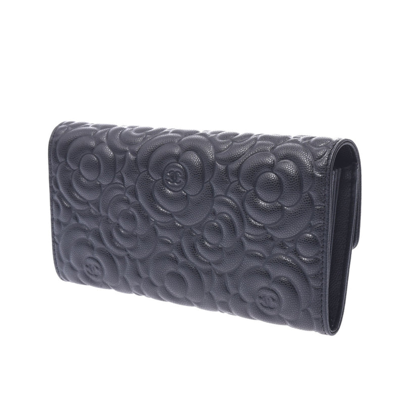 Chanel Chanel Cameria Two-fold wallet Black Women's Caviar Skin Long Wallet Unused Silgrin