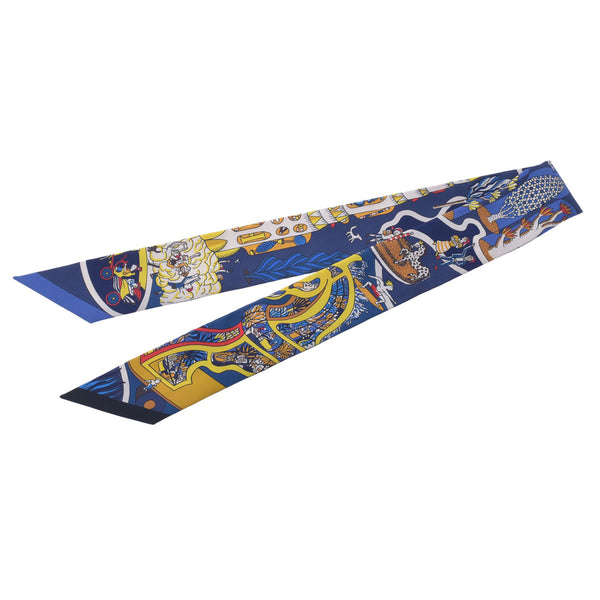 HERMES Hermes Exhibition Universelle/World's Fair Twirie Navy Ladies Silk 100% Scarf New Ginzo