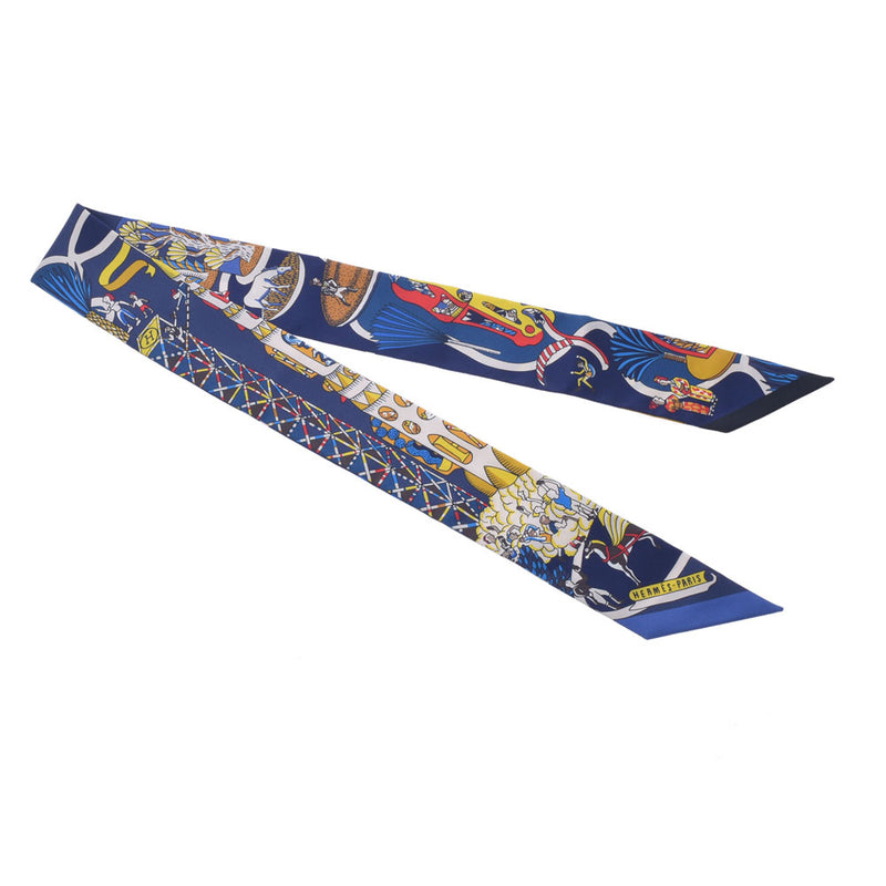 HERMES Hermes Exhibition Universelle/World's Fair Twirie Navy Ladies Silk 100% Scarf New Ginzo