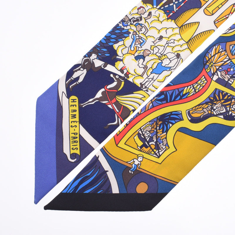 HERMES Hermes Exhibition Universelle/World's Fair Twirie Navy Ladies Silk 100% Scarf New Ginzo