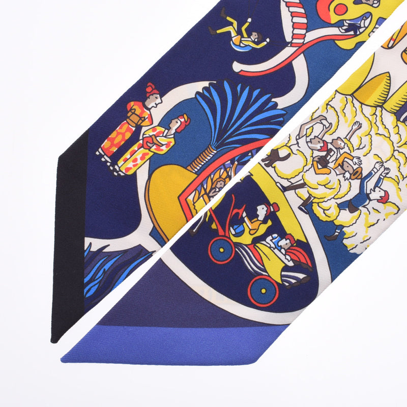 HERMES Hermes Exhibition Universelle/World's Fair Twirie Navy Ladies Silk 100% Scarf New Ginzo