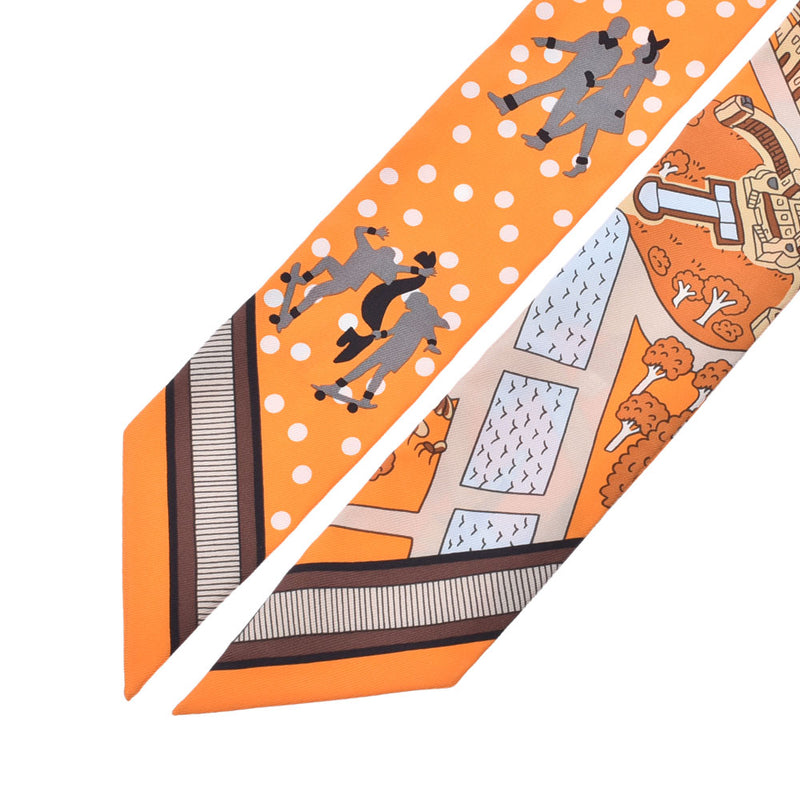 HERMES Hermes Twely Les Nouveaux Amoureux de Paris / Lovers of New Paris Orange Ladies Silk 100% Scarf New Ginzo