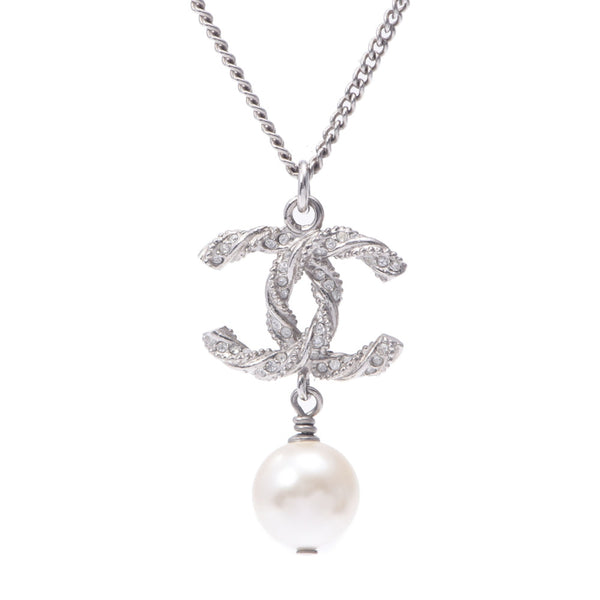 Chanel Chanel Coco Mark Faces Pearl 2015 Model Silver Women's Rhinestone / Fake Pearl Necklace AB Rank Used Silgrin