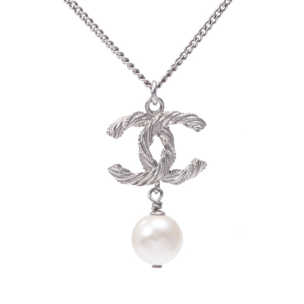 Chanel Chanel Coco Mark Faces Pearl 2015 Model Silver Women's Rhinestone / Fake Pearl Necklace AB Rank Used Silgrin