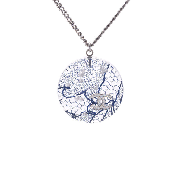 CHANEL Chanel CocoMark Lace 2013 Model Clear/Navy/Silver Ladies Faux Pearl Necklace AB Rank Used Ginzo