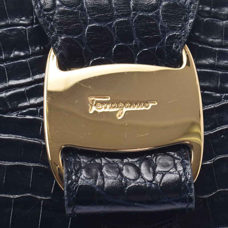 Salvatore Ferragamo フェラガモ ヴァラ 2WAYバッグ ネイビー ゴールド金具 レディース クロコ型押しレザー ハンドバッグ Bランク 中古 銀蔵