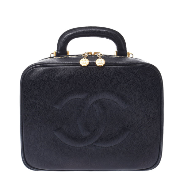 Chanel Chanel 2way梳妆包黑色金支架女士鱼子酱皮肤手提包B等级使用Silgrin